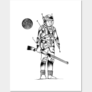Mr. Spaceman Black And White Illustration Posters and Art